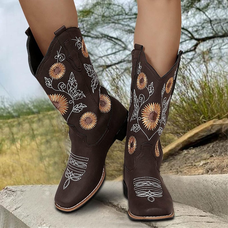 woobles Cowboy Boots for Women,Women Vintage Cowgirl Sunflower Embroidery Ethnic Western Boot Mid Wide Calf Pull-Up Motorcycle Riding Boot Walking Shoe (Coffee, 8.5) - Image 3